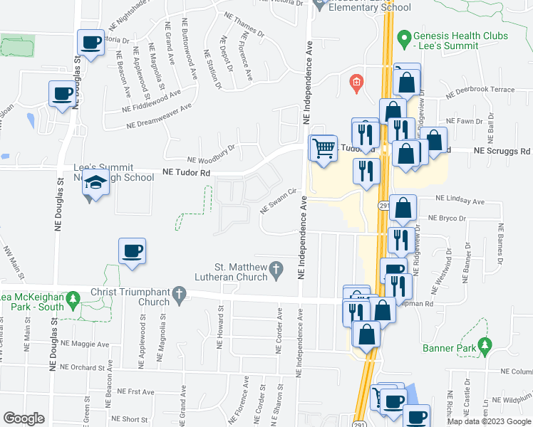 map of restaurants, bars, coffee shops, grocery stores, and more near 632 Northeast Swann Circle in Lee's Summit