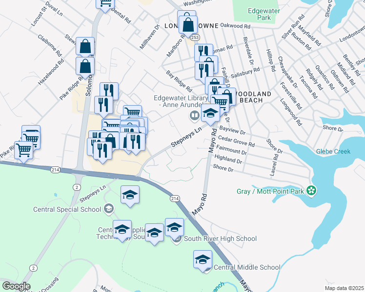 map of restaurants, bars, coffee shops, grocery stores, and more near Riverton Place in Edgewater