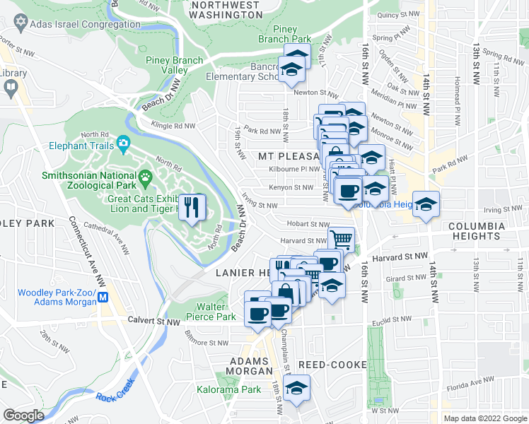 map of restaurants, bars, coffee shops, grocery stores, and more near 1834 Irving Street Northwest in Washington