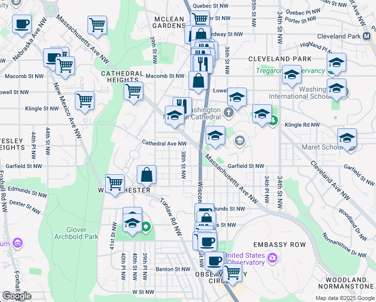 map of restaurants, bars, coffee shops, grocery stores, and more near 2975 38th Street Northwest in Washington