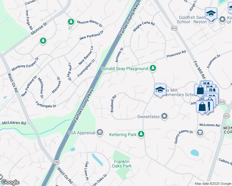 map of restaurants, bars, coffee shops, grocery stores, and more near 12734 Bradwell Road in Herndon