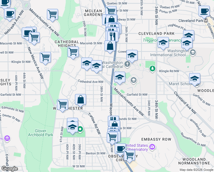 map of restaurants, bars, coffee shops, grocery stores, and more near 3700 Massachusetts Avenue Northwest in Washington