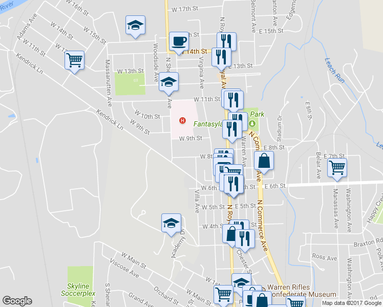 map of restaurants, bars, coffee shops, grocery stores, and more near 127 West 8th Street in Front Royal