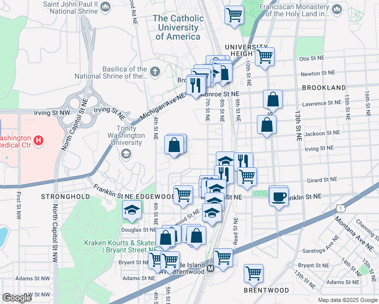 map of restaurants, bars, coffee shops, grocery stores, and more near 3053 Chancellor's Way Northeast in Washington
