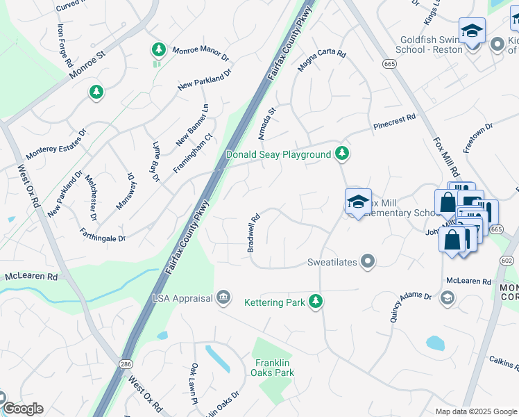 map of restaurants, bars, coffee shops, grocery stores, and more near 12734 Bradwell Road in Herndon
