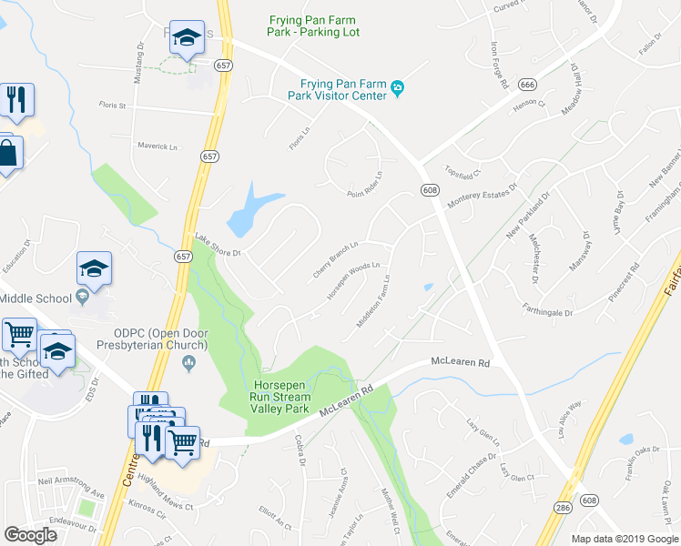 map of restaurants, bars, coffee shops, grocery stores, and more near 13318 Horsepen Woods Lane in Herndon