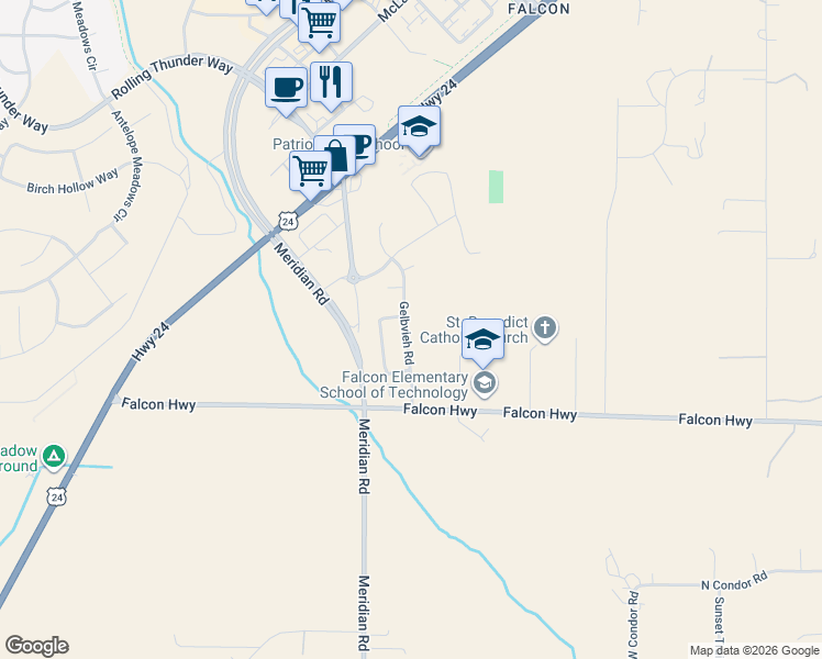 map of restaurants, bars, coffee shops, grocery stores, and more near 6539 Gelbvieh Road in Peyton