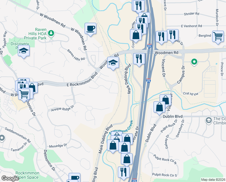 map of restaurants, bars, coffee shops, grocery stores, and more near 6621 Warbler Lane in Colorado Springs