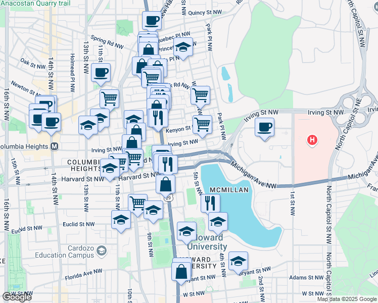 map of restaurants, bars, coffee shops, grocery stores, and more near 601 Columbia Road Northwest in Washington