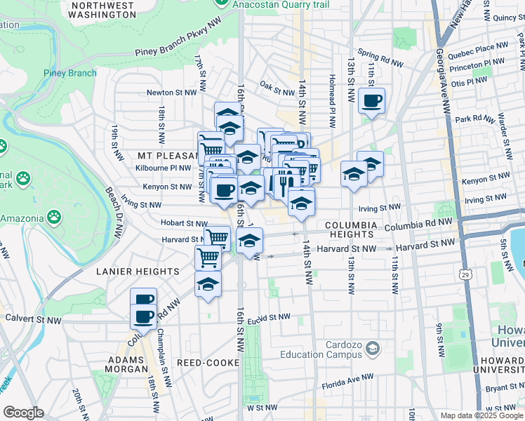 map of restaurants, bars, coffee shops, grocery stores, and more near 1460 Irving Street Northwest in Washington
