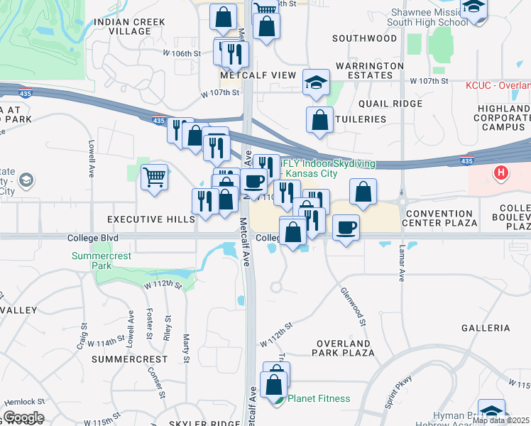map of restaurants, bars, coffee shops, grocery stores, and more near 11005 Metcalf Avenue in Overland Park