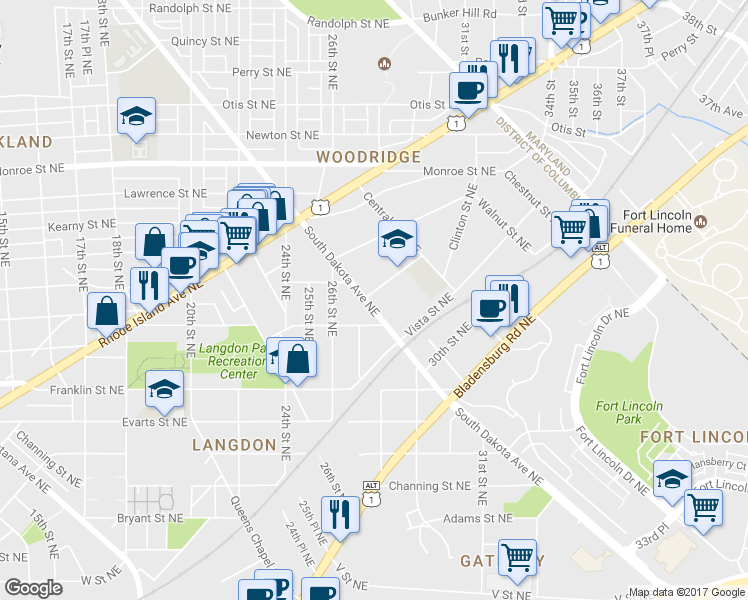 map of restaurants, bars, coffee shops, grocery stores, and more near 2931 South Dakota Avenue Northeast in Washington