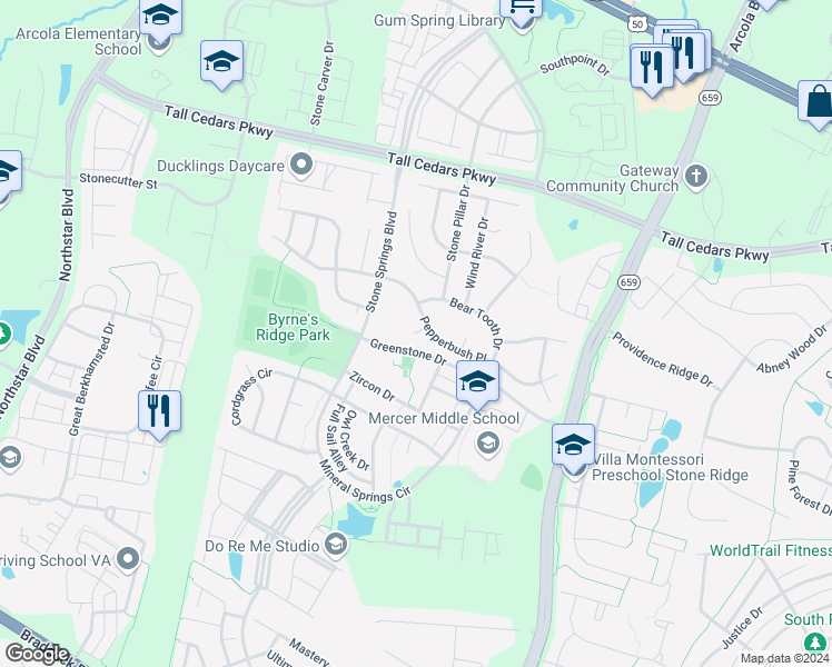 map of restaurants, bars, coffee shops, grocery stores, and more near 42027 Pyrite Court in Aldie