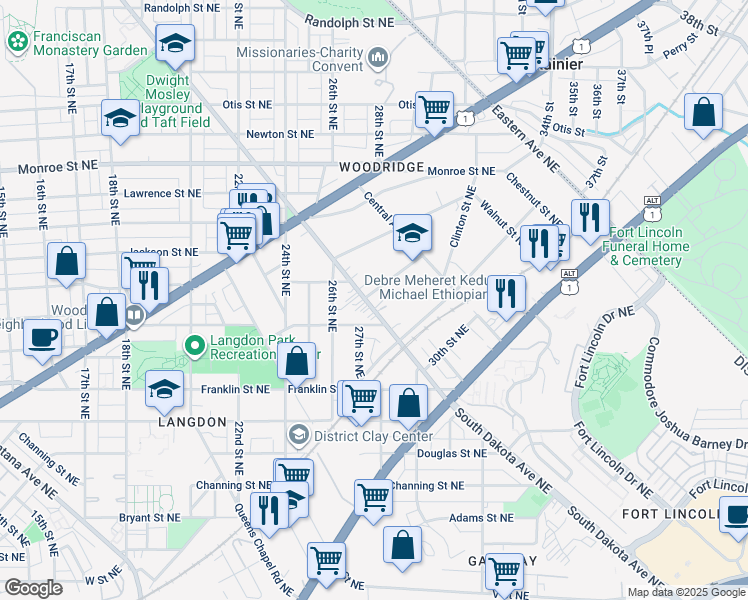 map of restaurants, bars, coffee shops, grocery stores, and more near 2931 South Dakota Avenue Northeast in Washington
