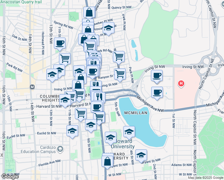 map of restaurants, bars, coffee shops, grocery stores, and more near 601 Columbia Road Northwest in Washington