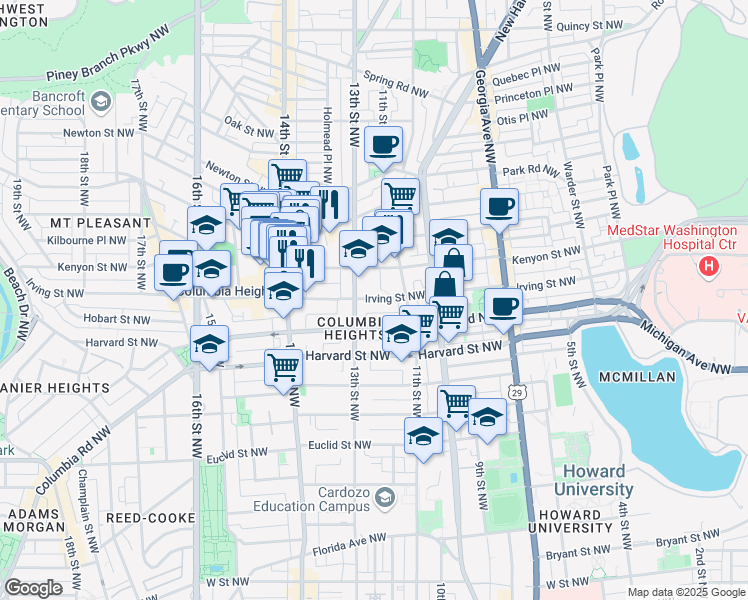 map of restaurants, bars, coffee shops, grocery stores, and more near 1230 Irving Street Northwest in Washington, D.C.