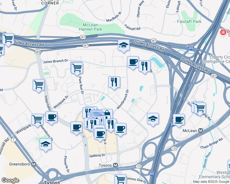 map of restaurants, bars, coffee shops, grocery stores, and more near 8000 Westpark Drive in McLean