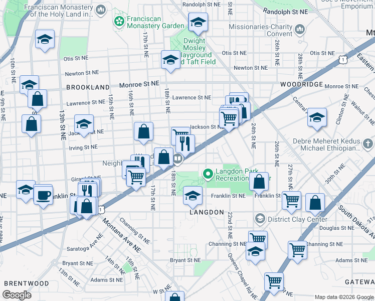 map of restaurants, bars, coffee shops, grocery stores, and more near 1820 Rhode Island Avenue Northeast in Washington