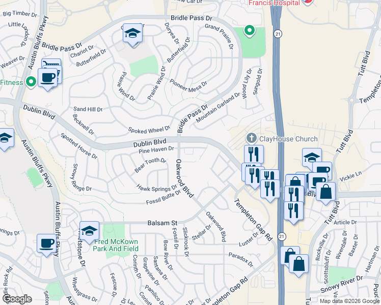 map of restaurants, bars, coffee shops, grocery stores, and more near 6614 Oak Trunk Point in Colorado Springs
