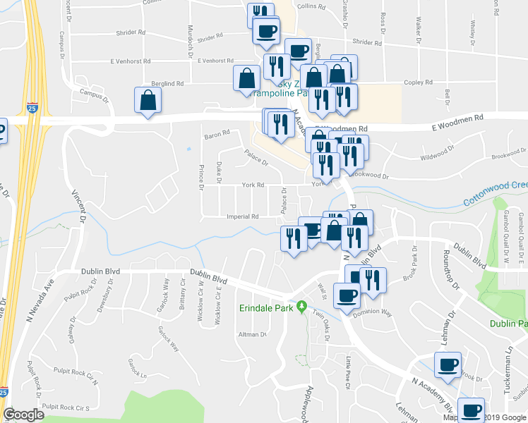 map of restaurants, bars, coffee shops, grocery stores, and more near 1405 Imperial Road in Colorado Springs