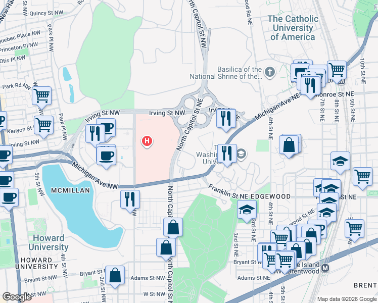 map of restaurants, bars, coffee shops, grocery stores, and more near 101 Independence Avenue Southeast in Washington