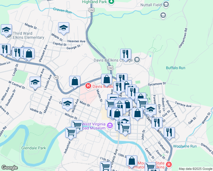 map of restaurants, bars, coffee shops, grocery stores, and more near 500-598 Railroad Ave in Elkins