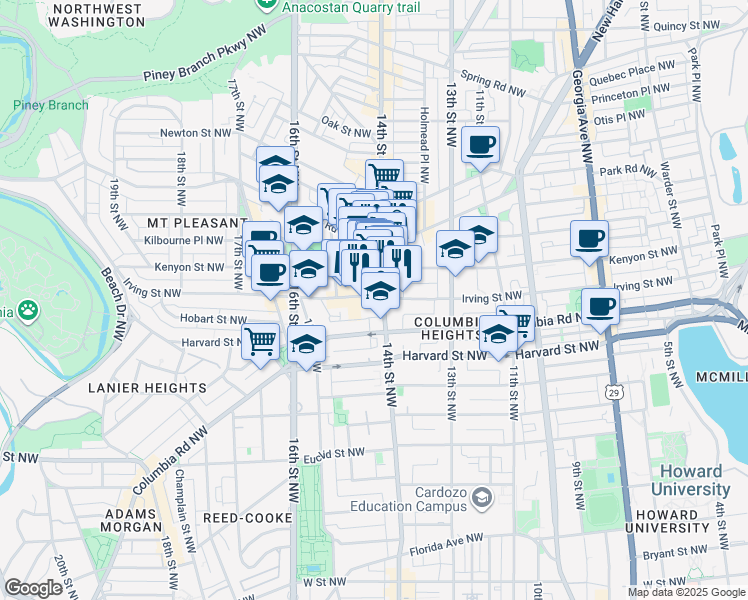map of restaurants, bars, coffee shops, grocery stores, and more near 3030 14th Street Northwest in Washington