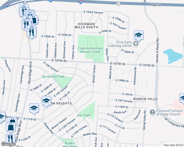map of restaurants, bars, coffee shops, grocery stores, and more near 10714 Bristol Terrace in Kansas City