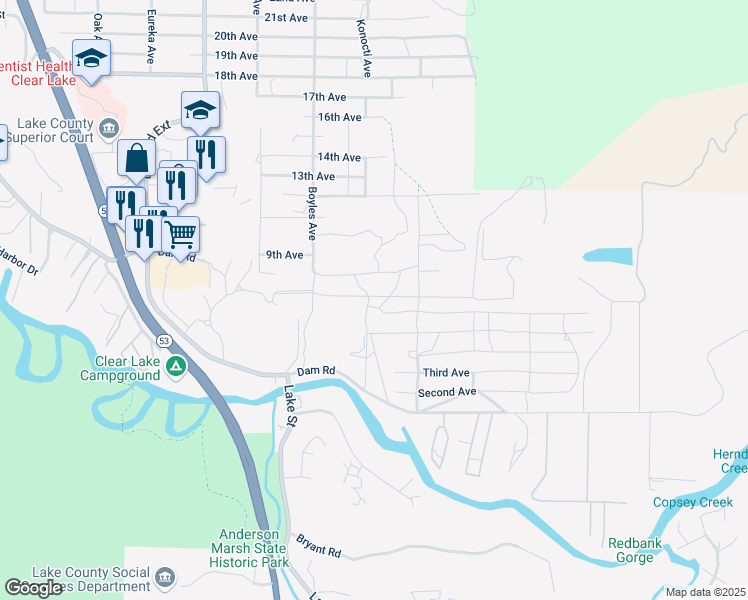 map of restaurants, bars, coffee shops, grocery stores, and more near 16257 7th Avenue in Clearlake