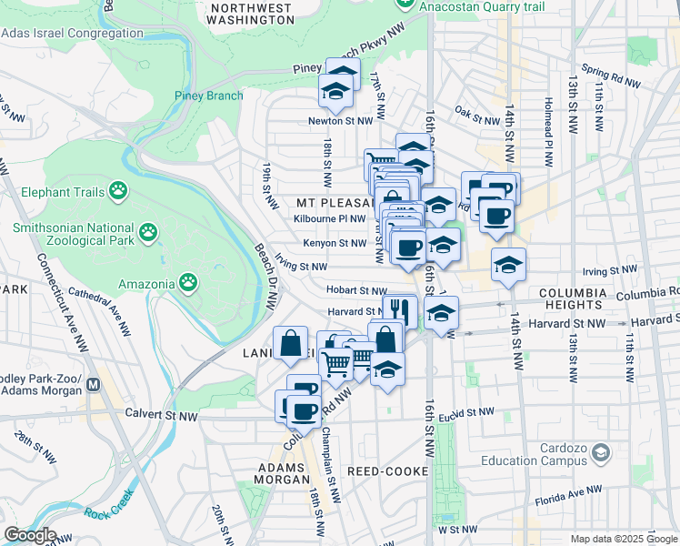 map of restaurants, bars, coffee shops, grocery stores, and more near 1742 Irving Street Northwest in Washington