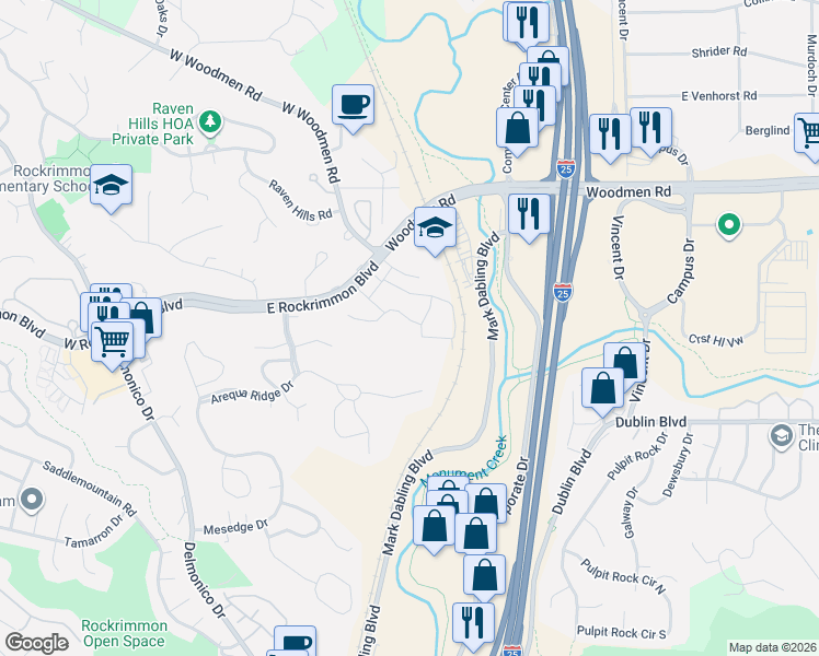 map of restaurants, bars, coffee shops, grocery stores, and more near 451 Rolling Hills Drive in Colorado Springs