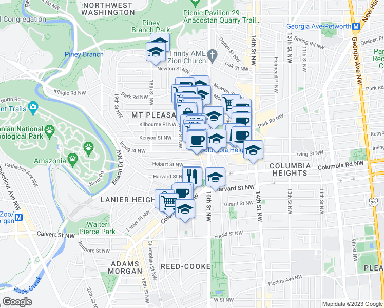 map of restaurants, bars, coffee shops, grocery stores, and more near 1636 Irving Street Northwest in Washington