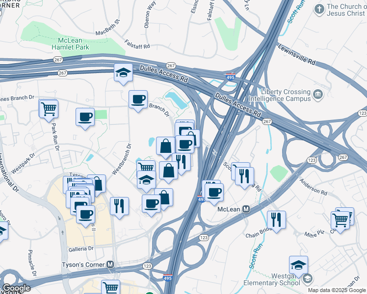 map of restaurants, bars, coffee shops, grocery stores, and more near 7930 Jones Branch Drive in McLean