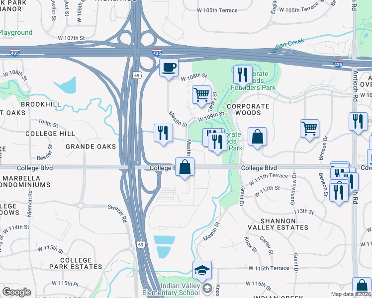 map of restaurants, bars, coffee shops, grocery stores, and more near Access Road in Overland Park