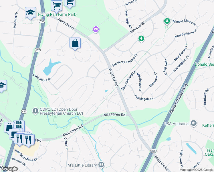map of restaurants, bars, coffee shops, grocery stores, and more near in Franklin Farm