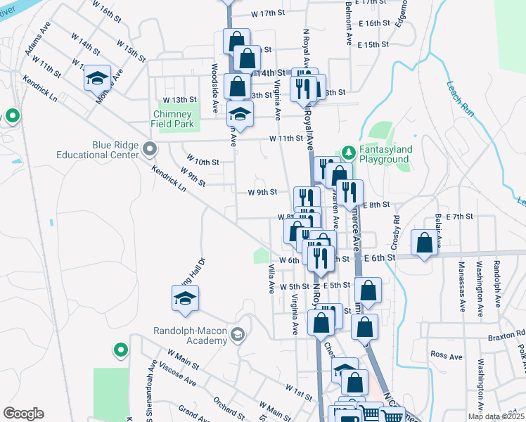 map of restaurants, bars, coffee shops, grocery stores, and more near 127 West 8th Street in Front Royal
