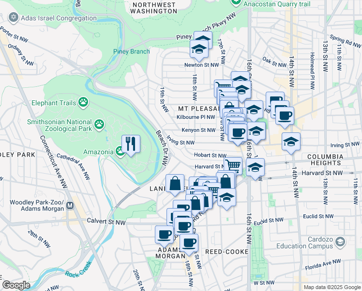 map of restaurants, bars, coffee shops, grocery stores, and more near 1834 Irving Street Northwest in Washington