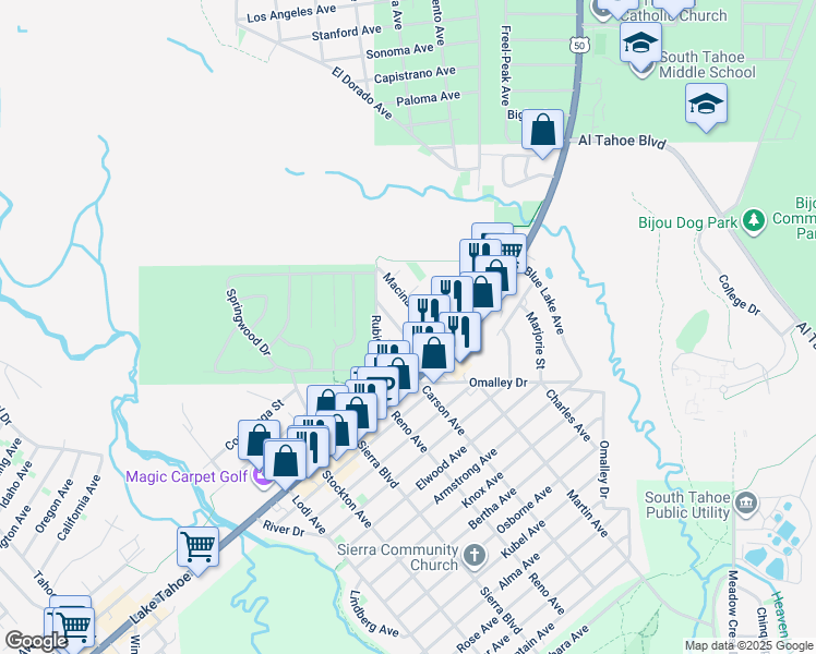 map of restaurants, bars, coffee shops, grocery stores, and more near 957 Brockway Avenue in South Lake Tahoe