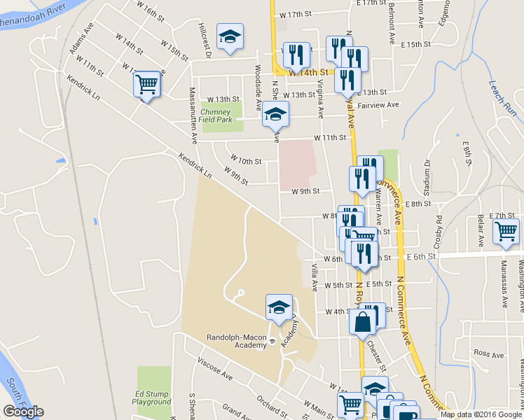 map of restaurants, bars, coffee shops, grocery stores, and more near 335 Kendrick Lane in Front Royal
