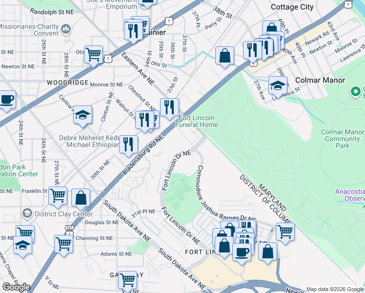 map of restaurants, bars, coffee shops, grocery stores, and more near 101 Independence Avenue Southeast in Washington