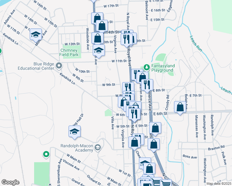 map of restaurants, bars, coffee shops, grocery stores, and more near 115 West 8th Street in Front Royal