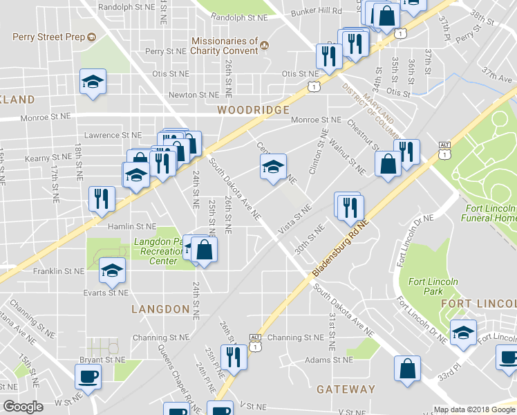 map of restaurants, bars, coffee shops, grocery stores, and more near 2903 Carlton Avenue Northeast in Washington