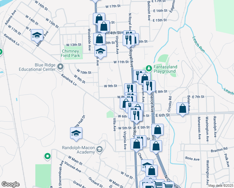 map of restaurants, bars, coffee shops, grocery stores, and more near 117 West 8th Street in Front Royal