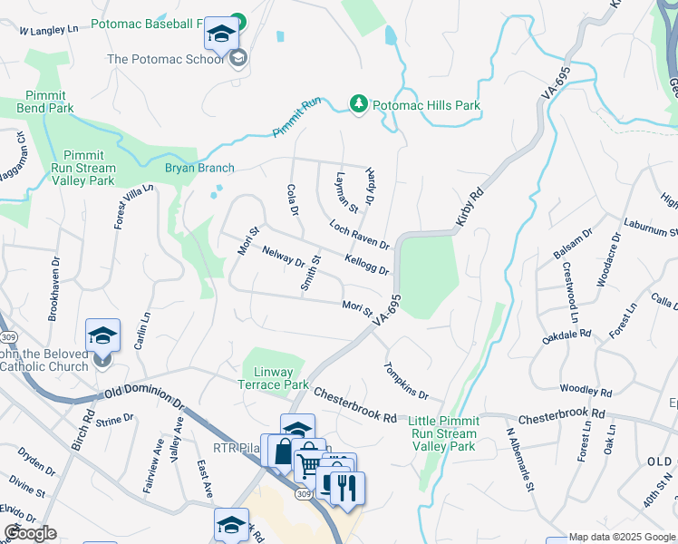 map of restaurants, bars, coffee shops, grocery stores, and more near 6208 Nelway Drive in McLean