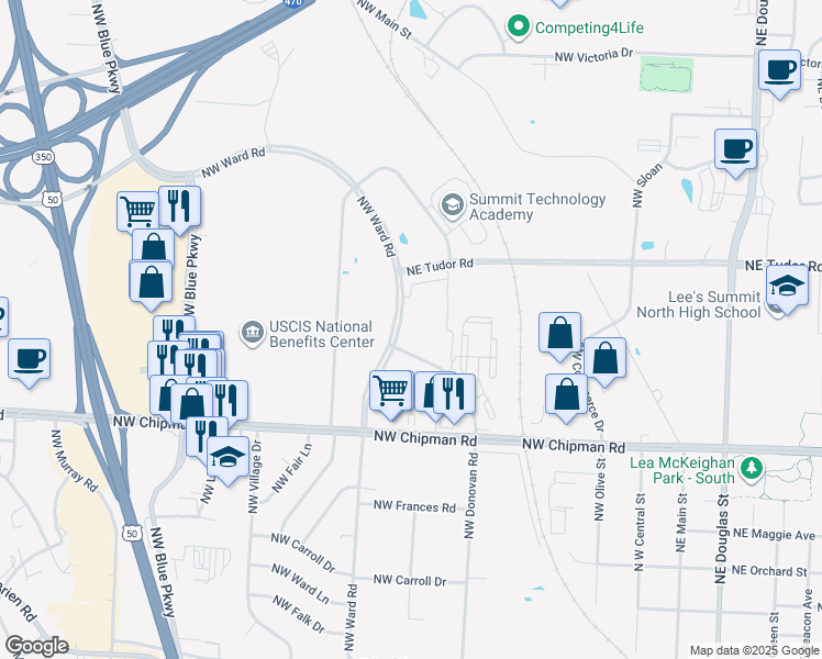 map of restaurants, bars, coffee shops, grocery stores, and more near 837 Northwest Donovan Road in Lee's Summit
