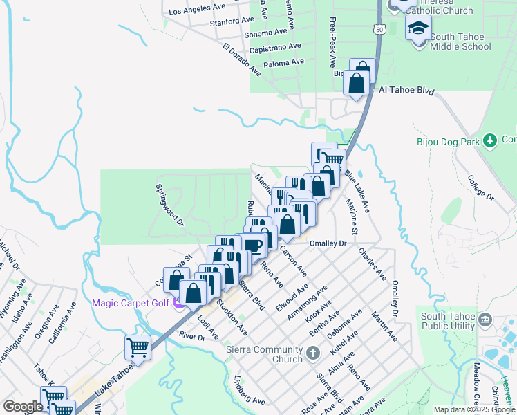 map of restaurants, bars, coffee shops, grocery stores, and more near 946 Brockway Avenue in South Lake Tahoe