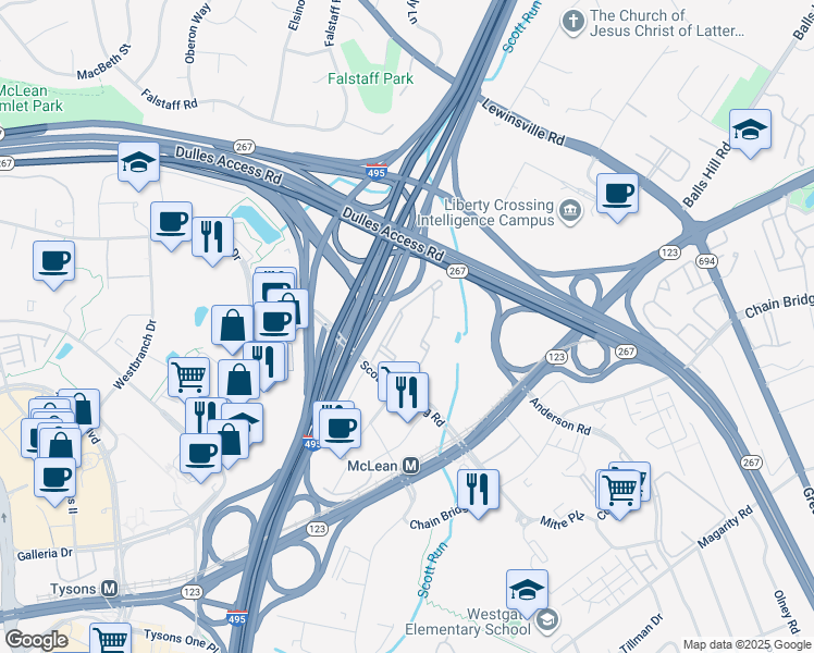 map of restaurants, bars, coffee shops, grocery stores, and more near 1530 Spring Gate Drive in McLean