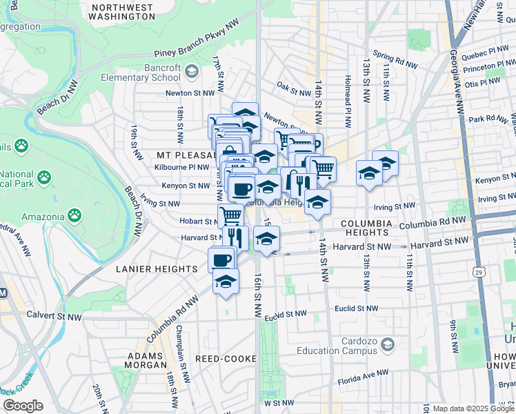 map of restaurants, bars, coffee shops, grocery stores, and more near 16th St NW & Irving St NW in Washington