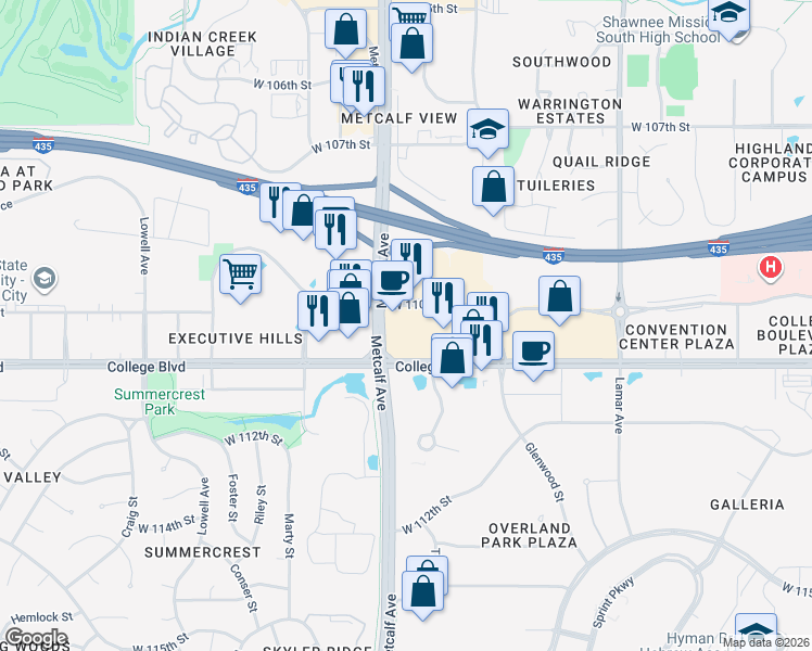 map of restaurants, bars, coffee shops, grocery stores, and more near 6700 West 111th Terrace in Leawood