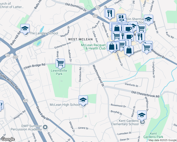 map of restaurants, bars, coffee shops, grocery stores, and more near 1561 Bruton Court in McLean